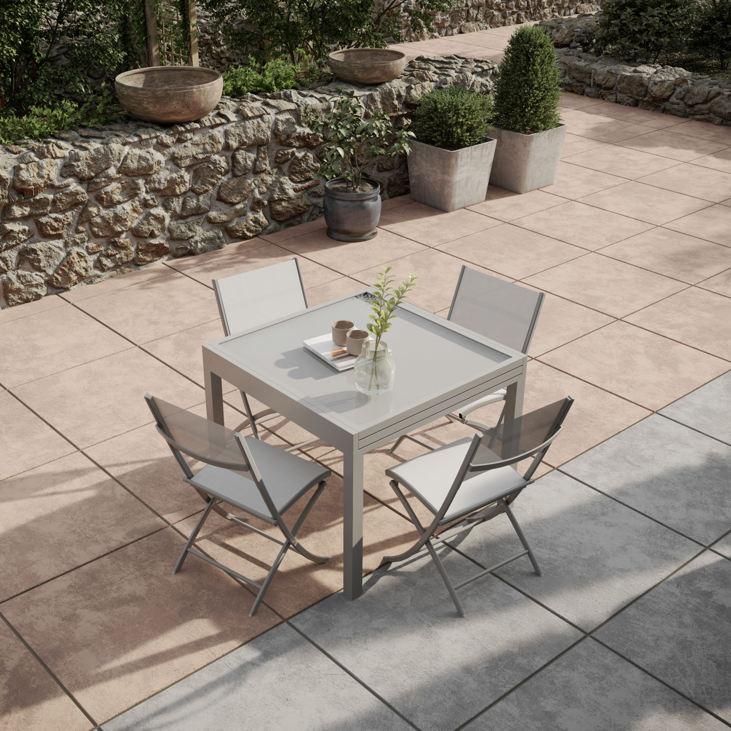 Table de jardin extensible aluminium 90/180cm + 4 Chaises pliantes textilène gris - BORA 4