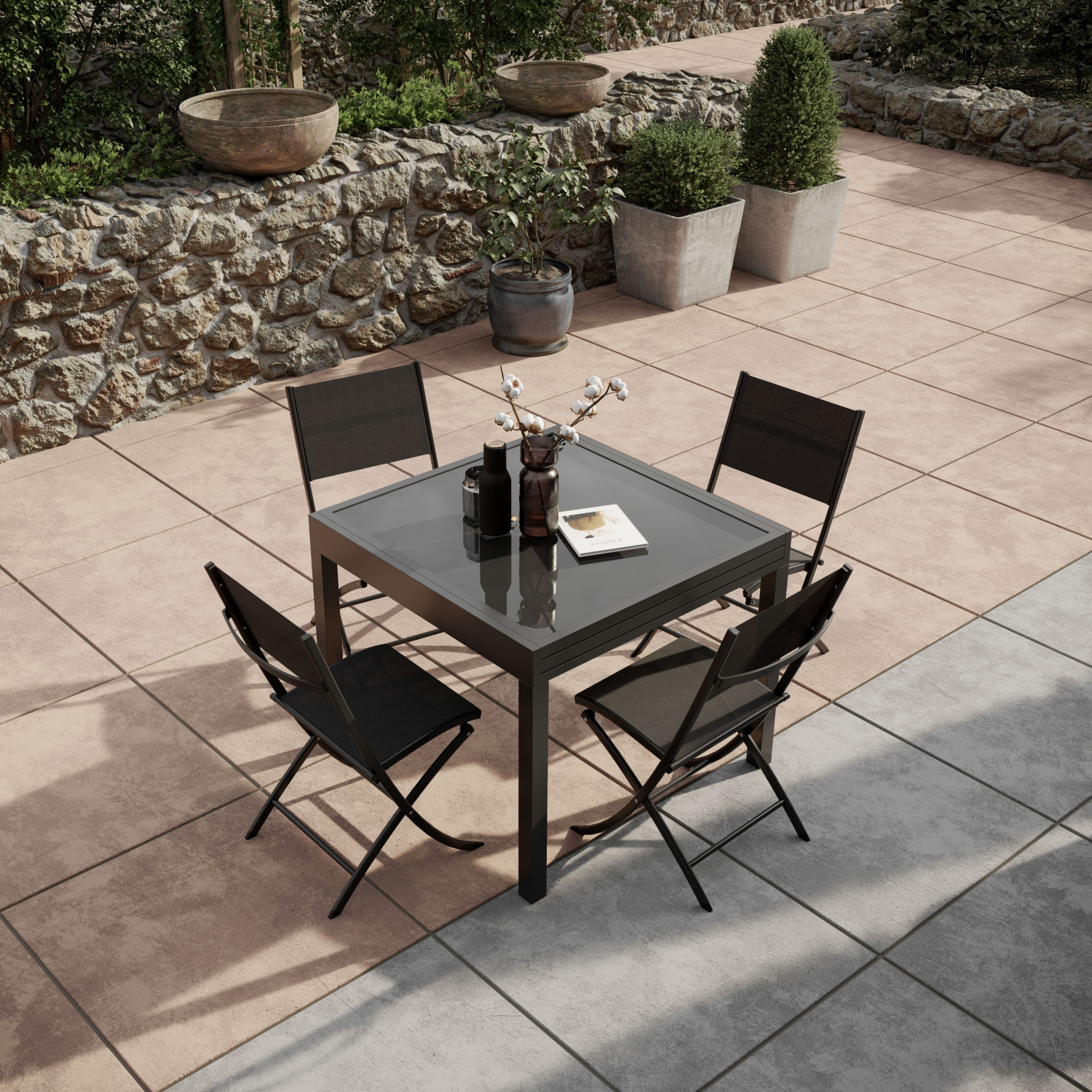 Table de jardin extensible aluminium 90/180cm + 4 Chaises pliantes textilène gris anthracite - BORA