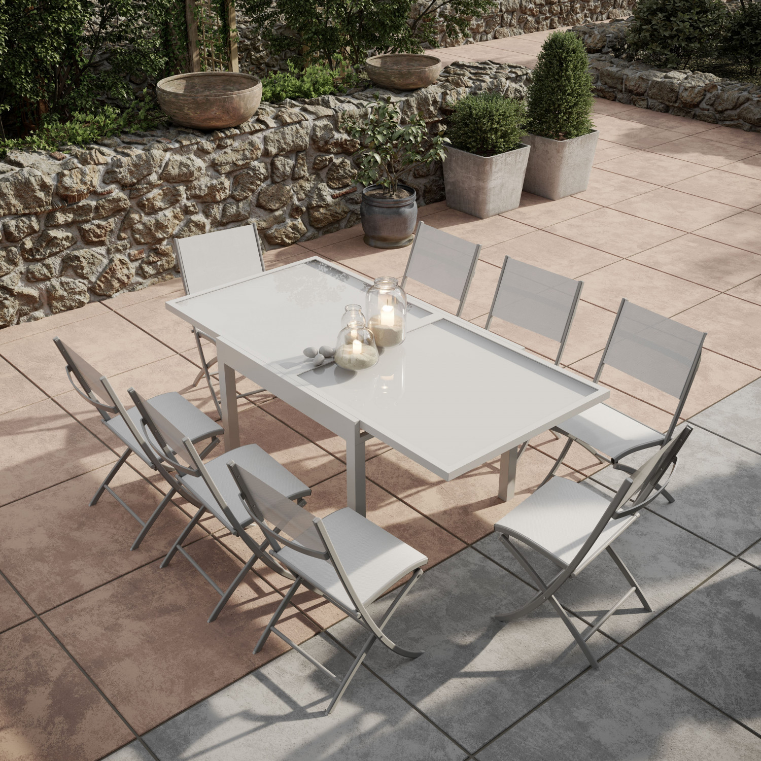 Table de jardin extensible aluminium/verre 90/180cm + 8 Chaises pliantes textilène Gris argenté - BO