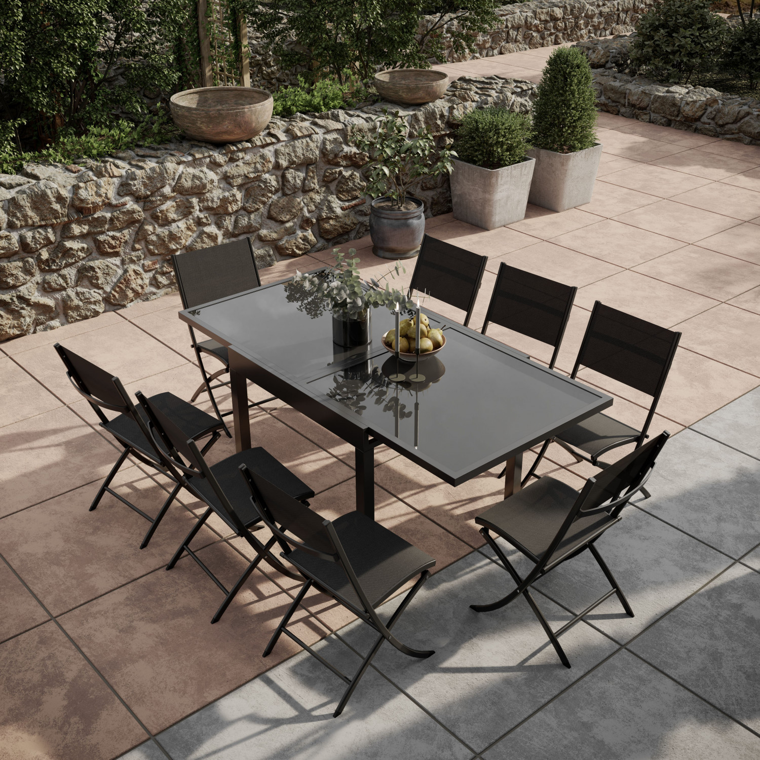 Table de jardin extensible aluminium verre 90/180cm + 8 Chaises pliantes textilène gris anthracite -