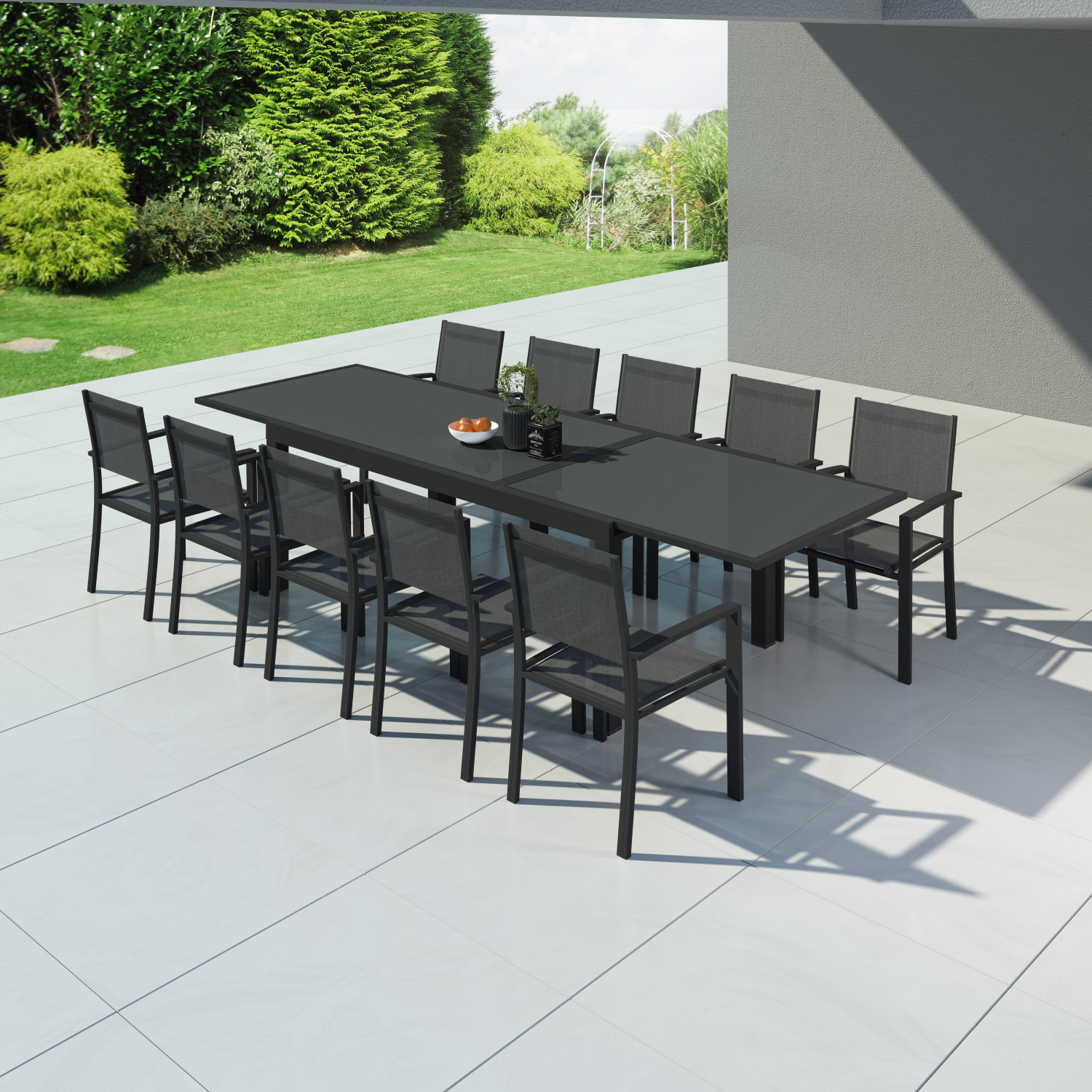 Table de jardin extensible aluminium 200/320cm + 10 fauteuils textilène Noir - HARA XXL