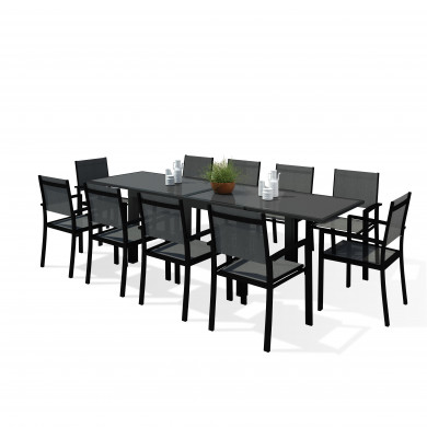 Table de jardin extensible aluminium 140/280cm  + 10 fauteuils textilène Noir - MODEL HARA XL