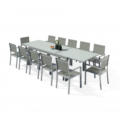 HARA XXL - Table de jardin extensible aluminium 200/320cm  + 12 fauteuils textilène Argentée