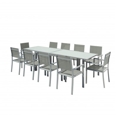 HARA XL - Table de jardin extensible aluminium 140/280cm  + 10 fauteuils textilène Argentée