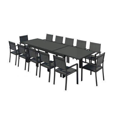 HARA XXL - Table de jardin extensible aluminium 200/320cm  + 12 fauteuils textilène Noir