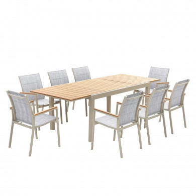 Table de jardin extensible aluminium gris 160/240cm + 8 fauteuils empilables textilène - ALMA