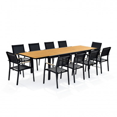 Table de jardin extensible aluminium noir 200/300cm + 10 fauteuils empilables textilène - MARCEAU