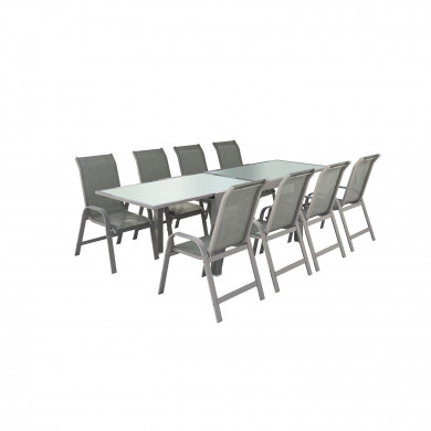 Table de jardin extensible aluminium 140/280cm + 8 fauteuils empilables textilène Gris - FARO 8
