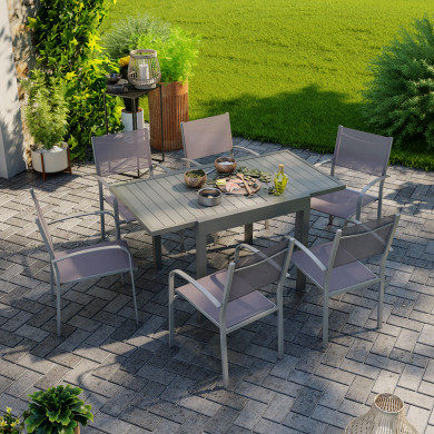 Table de jardin extensible aluminium 83/145cm  + 6 fauteuils empilables textilène gris taupe - MILO