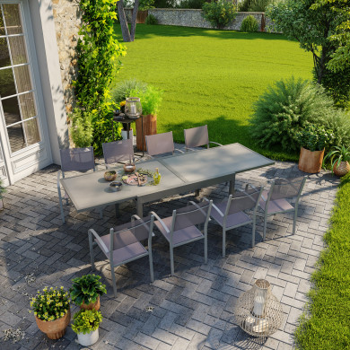 Table de jardin extensible aluminium 135/270cm  + 8 fauteuils empilables textilène gris taupe - LIO 8