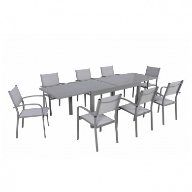 Ensemble table de jardin extensible aluminium 270cm  + 8 fauteuils empilables textilène gris taupe - LIO 8