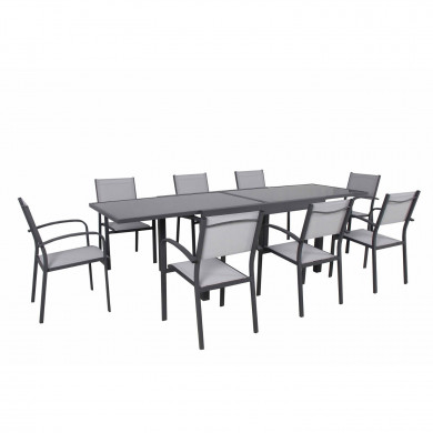 Ensemble table de jardin extensible aluminium 270cm  + 8 fauteuils empilables textilène gris taupe - LIO 8