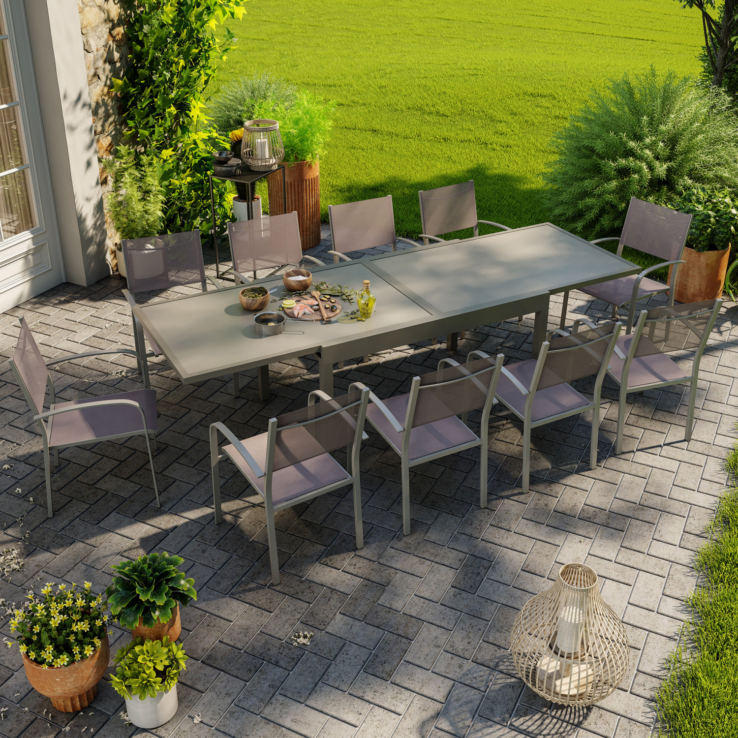 Table de jardin extensible aluminium 270cm + 10 fauteuils empilables textilène gris taupe - LIO 10