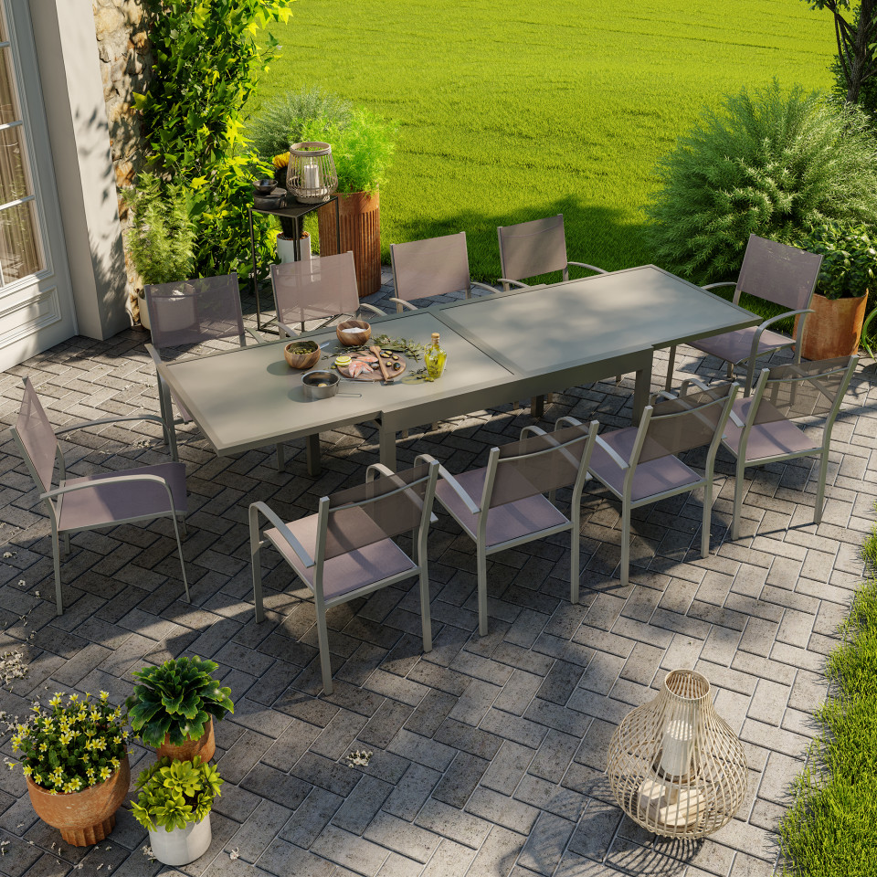 Table de jardin extensible aluminium 135/270cm  + 10 fauteuils empilables textilène gris taupe - LIO 10