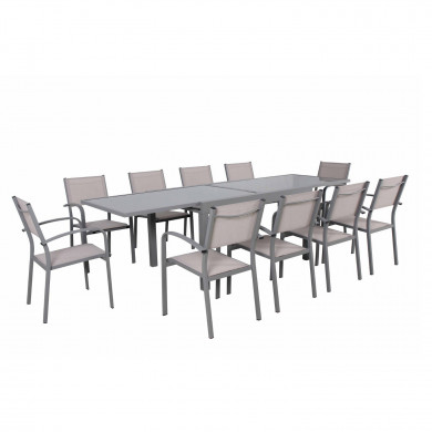 Table de jardin extensible aluminium 135/270cm  + 10 fauteuils empilables textilène gris taupe - LIO 10