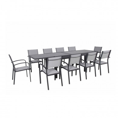 Table de jardin extensible aluminium 270cm  + 10 fauteuils empilables textilène anthracite gris - LIO 10