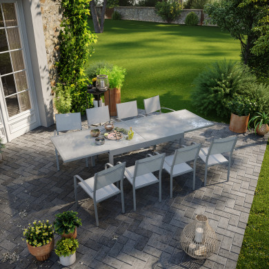 Ensemble table de jardin extensible aluminium 270cm  + 8 fauteuils empilables textilène gris taupe - LIO 8
