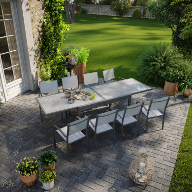 Ensemble table de jardin extensible aluminium 270cm  + 8 fauteuils empilables textilène gris taupe - LIO 8