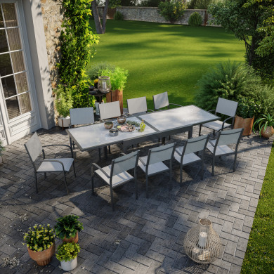 Table de jardin extensible aluminium 270cm  + 10 fauteuils empilables textilène anthracite gris - LIO 10