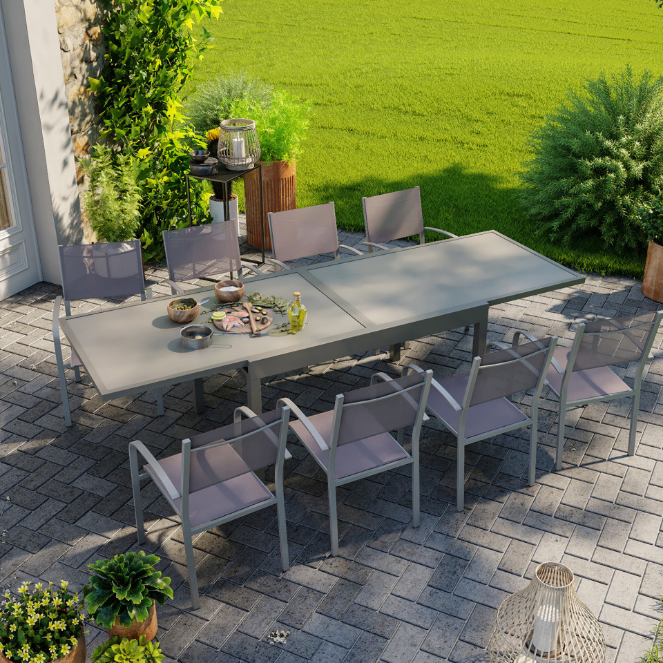 Table de jardin extensible aluminium 135/270cm  + 8 fauteuils empilables textilène gris taupe - LIO 8