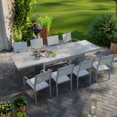 Ensemble table de jardin extensible aluminium 270cm  + 8 fauteuils empilables textilène gris taupe - LIO 8