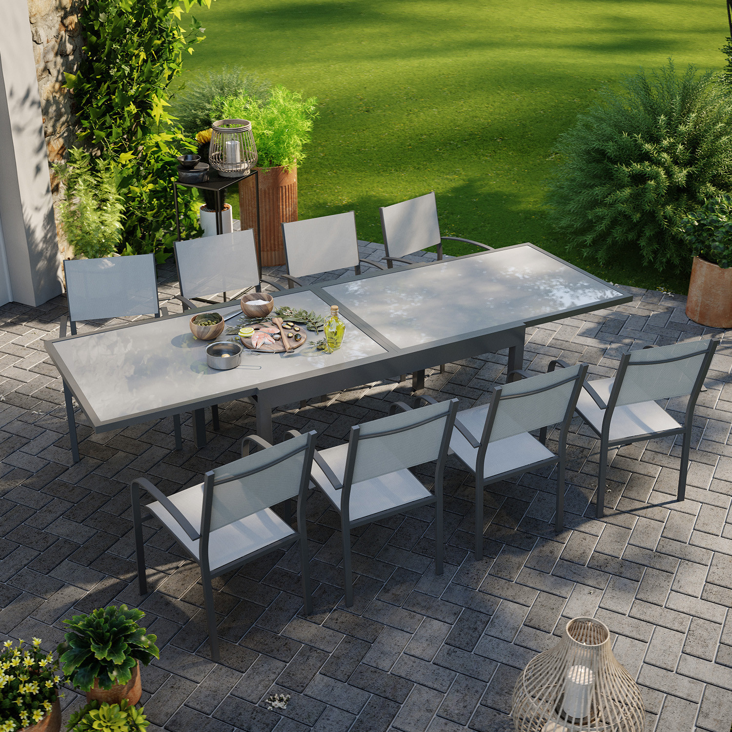 Table de jardin extensible aluminium 270cm + 8 fauteuils empilables textilène anthracite gris - LIO 