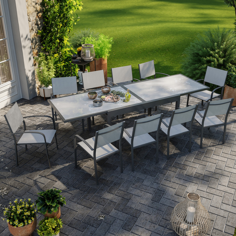 Table de jardin extensible aluminium 270cm  + 10 fauteuils empilables textilène anthracite gris - LIO 10