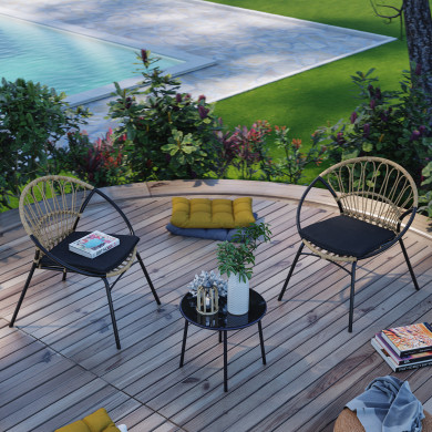 Salon de jardin chaise balcon rotin naturel métal noir - ensemble 2 places - LIMA
