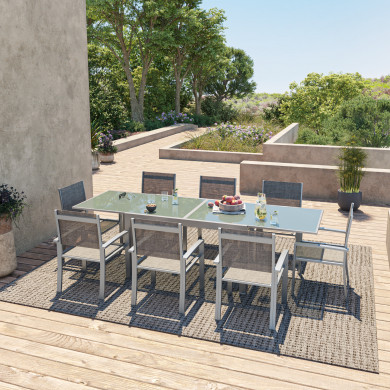 HARA XL - Table de jardin extensible aluminium 140/280cm  + 8 fauteuils textilène Argentée