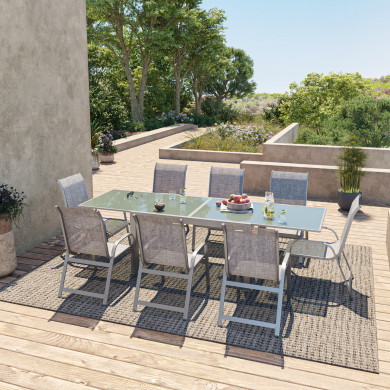 Table de jardin extensible aluminium 140/280cm + 8 fauteuils empilables textilène Gris - FARO 8