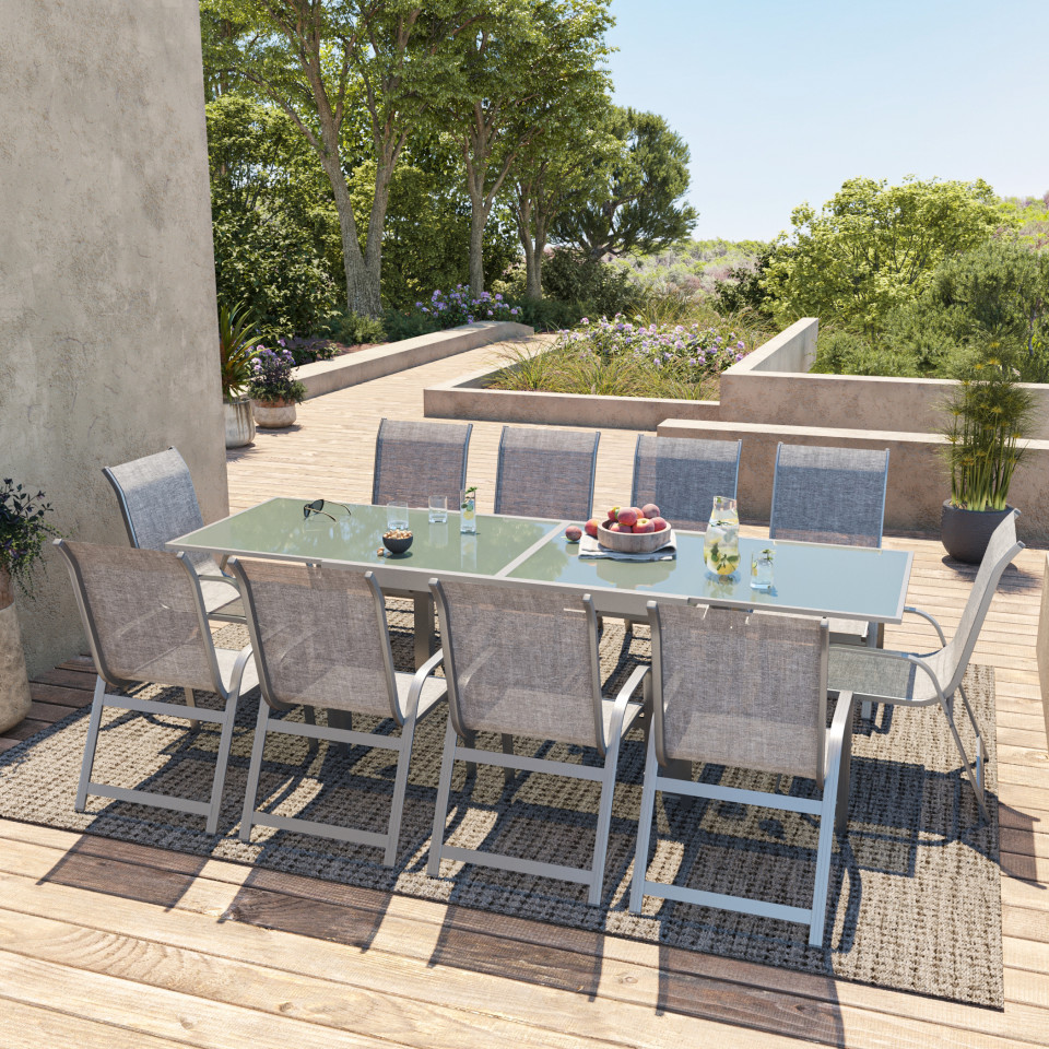 Table de jardin extensible aluminium 140/280cm + 10 fauteuils empilables textilène Gris - FARO 10