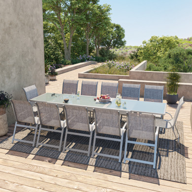 Table de jardin extensible aluminium 200/320cm + 12 fauteuils empilables textilène gris - FARO 12