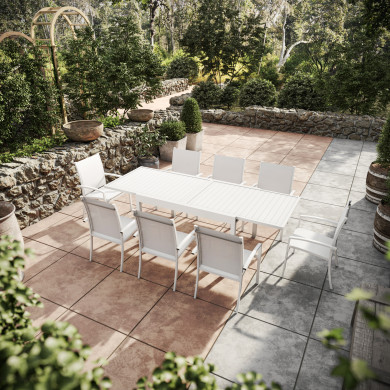 Table de jardin extensible aluminium 270cm  + 8 fauteuils empilables textilène -Blanc - ANDRA