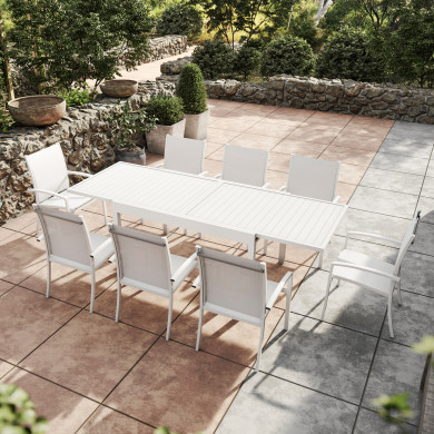 Table de jardin extensible aluminium 270cm  + 8 fauteuils empilables textilène -Blanc - ANDRA
