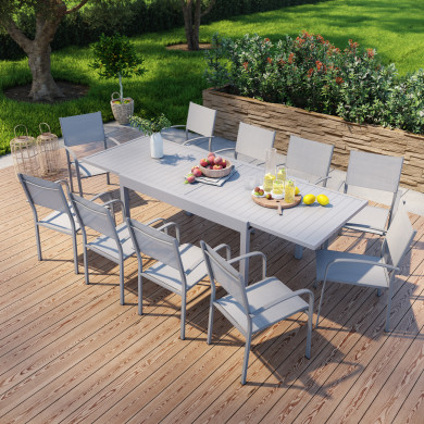 Table de jardin extensible en aluminium 270cm  + 8 fauteuils empilables textilène gris - MILO 8