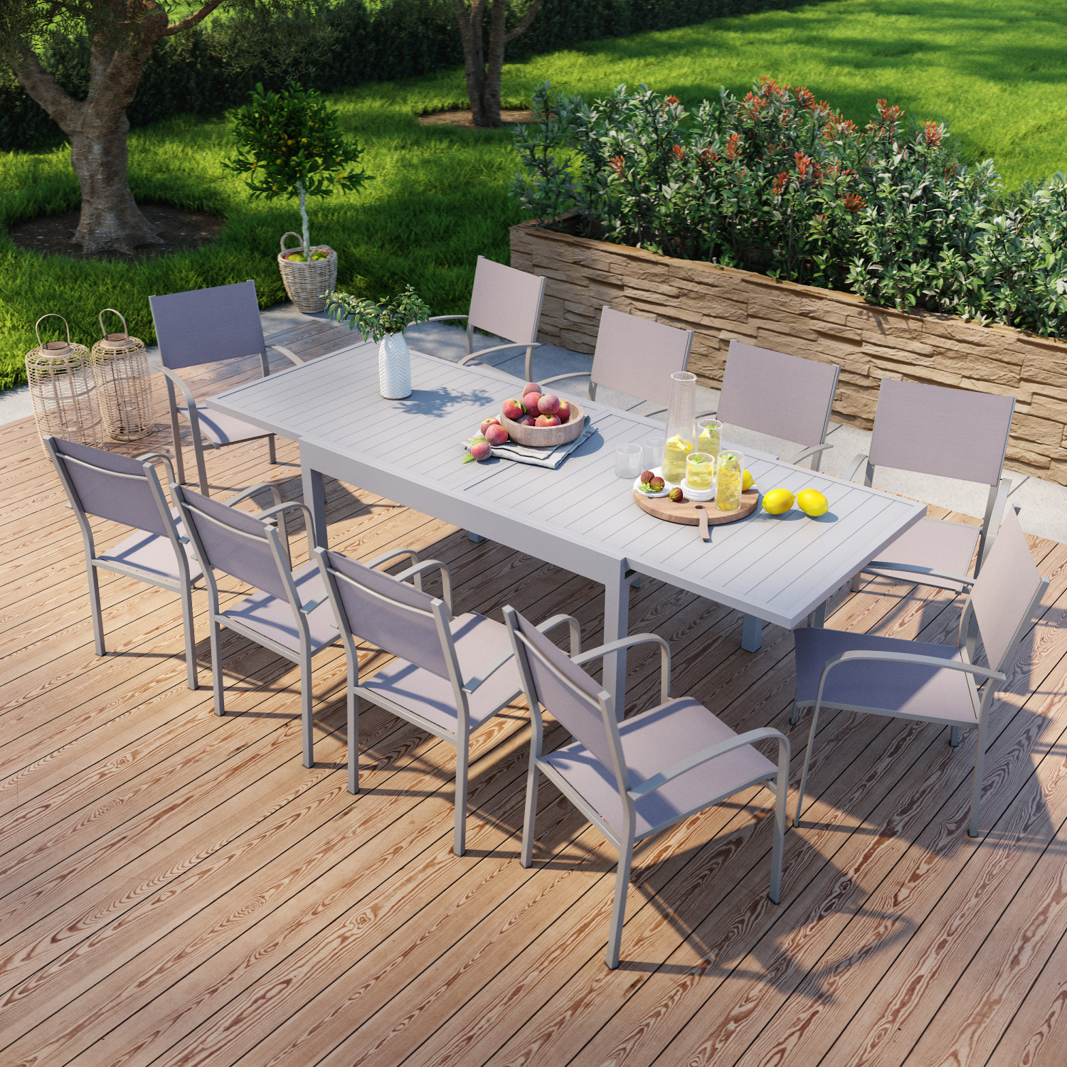 Table de jardin extensible en aluminium 270cm + 10 fauteuils empilables textilène gris taupe - MILO 