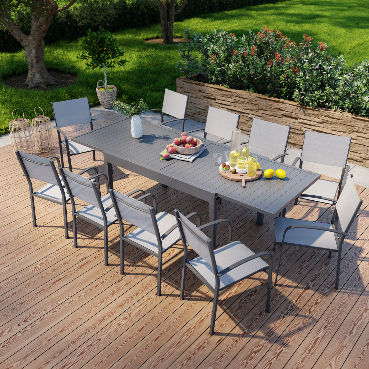 Table de jardin extensible en aluminium 270cm + 10 fauteuils empilables textilène anthracite gris - 