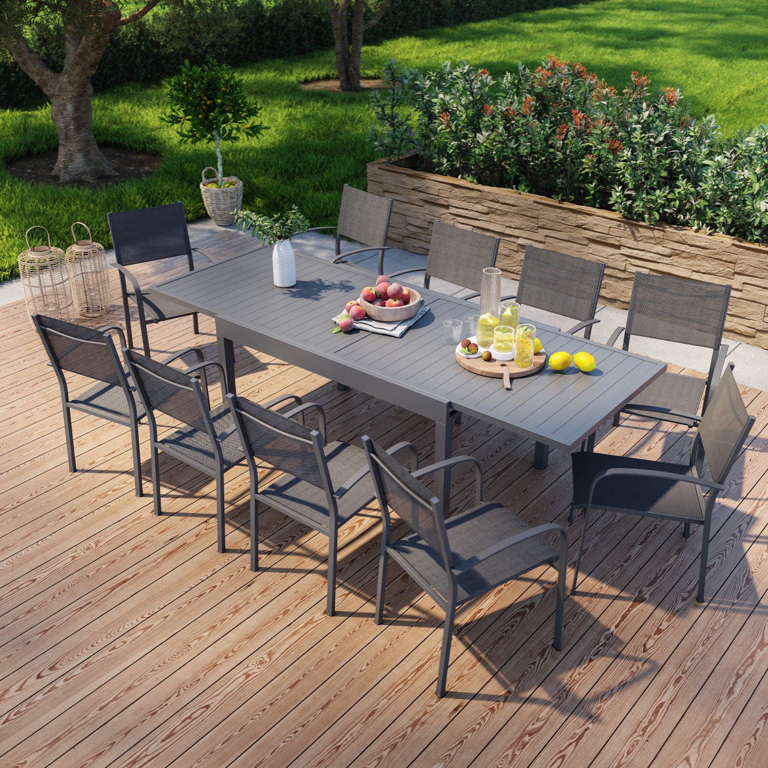 Table de jardin extensible en aluminium 270cm + 10 fauteuils empilables textilène anthracite - MILO 