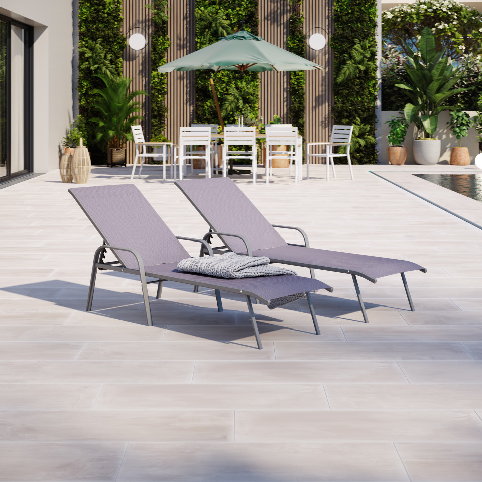 Duo de bains de soleil / transat de jardin inclinable empilable design - Gris anthracite- LEO