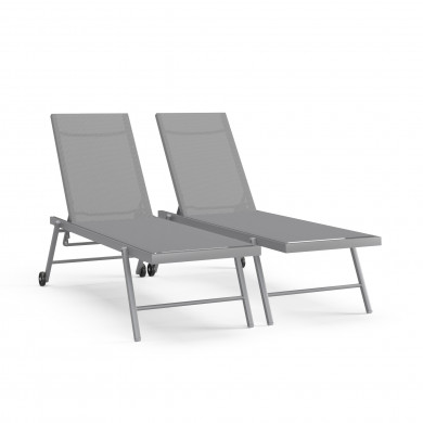 Duo bains de soleil / transat de aluminium inclinable avec roulettes - Argenté Gris clair- ALIA