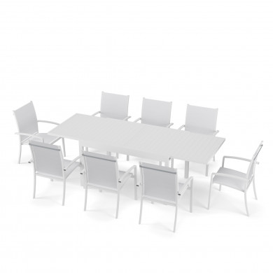 Table de jardin extensible aluminium 270cm  + 8 fauteuils empilables textilène -Blanc - ANDRA