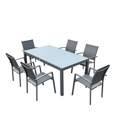 Table de jardin extensible aluminium anthracite 200/300cm + 10 fauteuils empilables textilène - ARONA