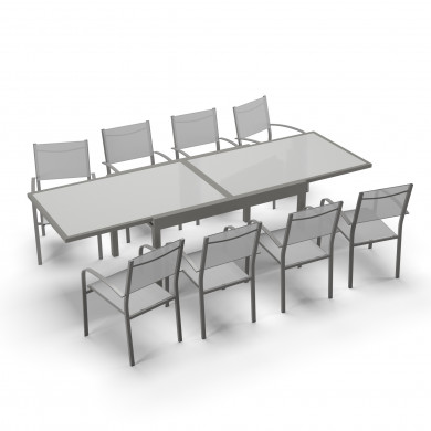 Ensemble table de jardin extensible aluminium 270cm  + 8 fauteuils empilables textilène gris taupe - LIO 8