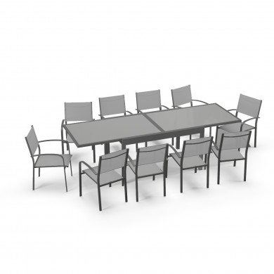 Table de jardin extensible aluminium 270cm  + 10 fauteuils empilables textilène anthracite gris - LIO 10