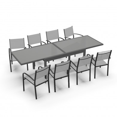 Ensemble table de jardin extensible aluminium 270cm  + 8 fauteuils empilables textilène gris taupe - LIO 8