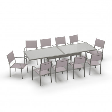 Table de jardin extensible aluminium 135/270cm  + 10 fauteuils empilables textilène gris taupe - LIO 10