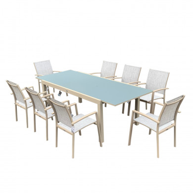 Table de jardin extensible aluminium anthracite 180/240cm + 8 fauteuils empilables textilène - ANIA