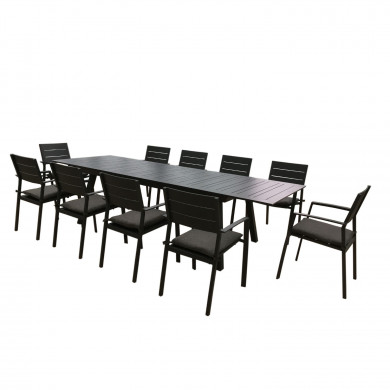 Table de jardin extensible aluminium noir 216/300cm + 10 fauteuils empilables textilène - LUXEMBOURG