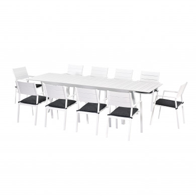 Table de jardin extensible aluminium blanc 216/300cm + 10 fauteuils empilables textilène - LUXEMBOURG