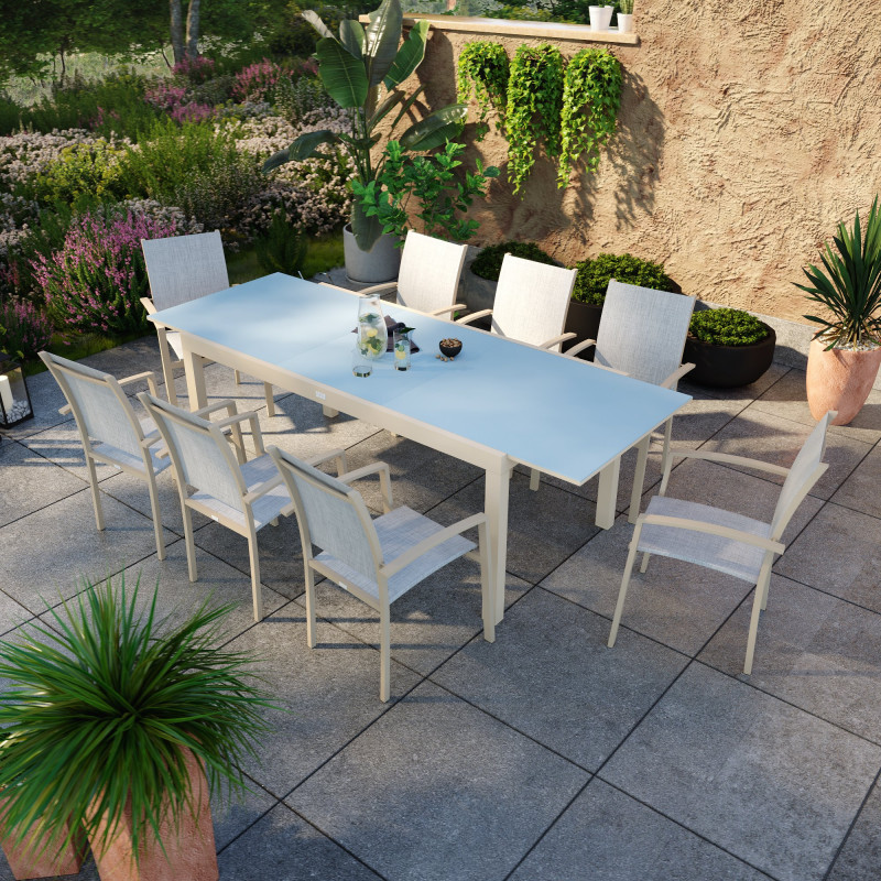 Table de jardin extensible aluminium champagne 180/240cm + 8 fauteuils empilables textilène - ANIA